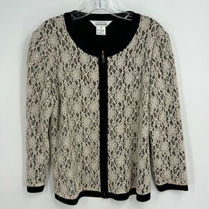 Exclusively Misook Cream Lace Black Full Zip Knit Jacket Medium